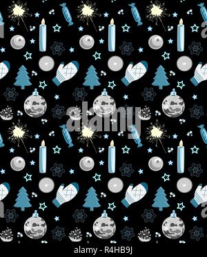 Seamless Christmas pattern, black, white and blue, vector illustration Stock Vector