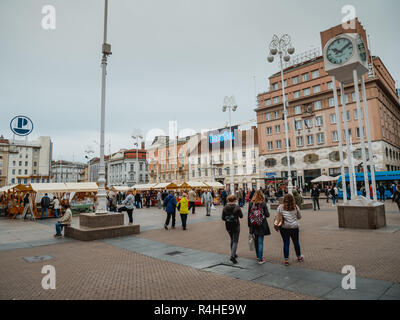 Zageb, Croatia - October 2, Main square full of people on cloudy day Stock Photo