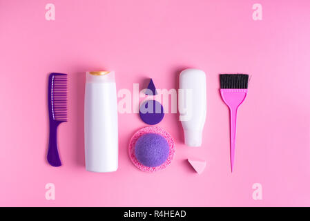 A set of cosmetics and items for body and hair care. Cosmetics for Spa treatments top view flat lay Stock Photo