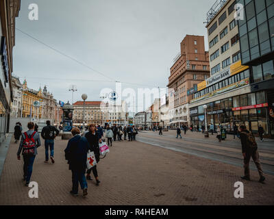 Zageb, Croatia - October 2,Morning people rush on main squre in Zagreb Stock Photo