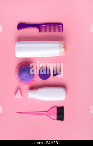 A set of cosmetics and items for body and hair care. Cosmetics for Spa treatments top view flat lay Stock Photo