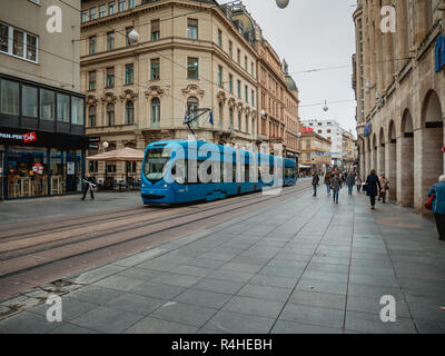 Zageb, Croatia - October 2, Blue tramway on street Ilica Stock Photo