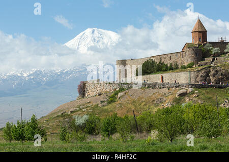 The Khor Virap is an Armenian monastery , located in the Ararat plain in Armenia, near the Turkey border . Stock Photo