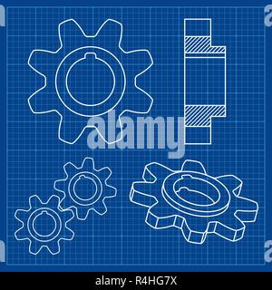 Gear wheel. On blueprint background Stock Vector