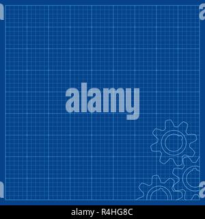 Blueprint lined paper for technical drawings. With gear wheels symbols in the corner Stock Vector
