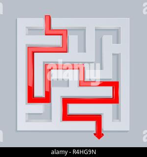 3d maze with red path. Top view Stock Vector