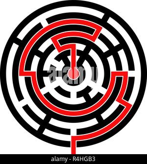 Round maze with red path to center Stock Vector