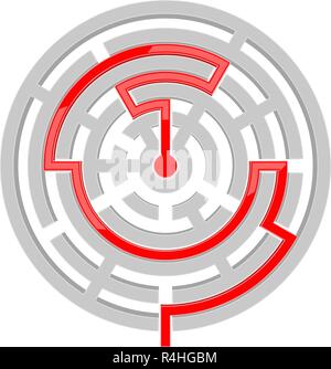 Round maze with red path to center Stock Vector