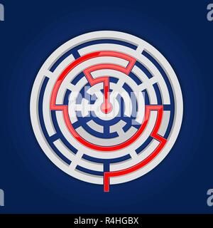 Round maze with red path to center. On blue background Stock Vector