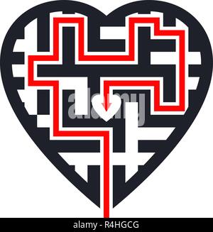 Maze in heart shape with red path leading to center. Puzzle solved Stock Vector