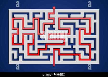 Square maze with red path to center. On blue background Stock Vector