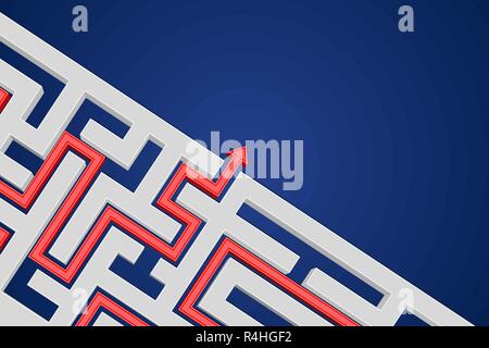 Labyrinth solution on blue background Stock Vector