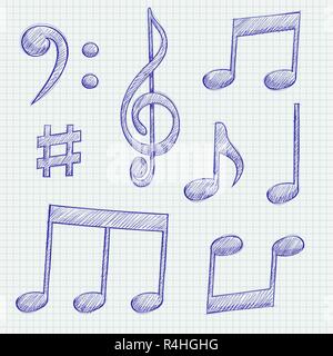 Music signs. Blue notes and symbols on lined paper background Stock Vector
