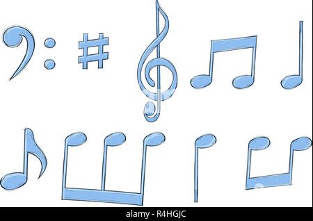 Music signs. Blue notes and symbols on white background Stock Vector