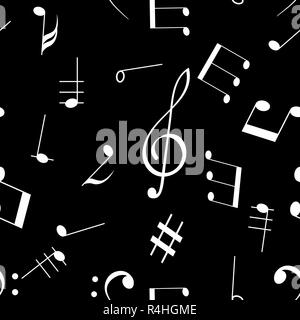 Music signs. Seamless pattern. White notes and symbols on black background Stock Vector