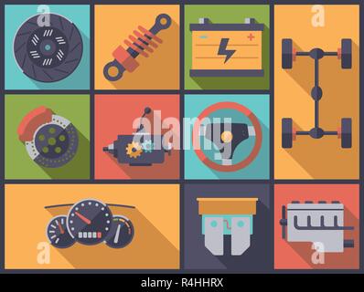 Horizontal flat design long shadow illustration with motor vehicle parts symbols Stock Vector