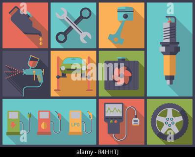 Horizontal flat design illustration with car service and repair symbols Stock Vector