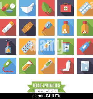 Collection of flat design long shadow square medicine and pharmaceutics icons Stock Vector