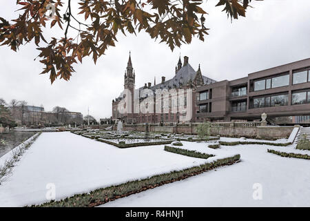 THE HAGUE, 11 December 2017 - Snow on the Peace Palace, seat of the International Court of Justice and Principal judicial organ of the United Nations  Stock Photo