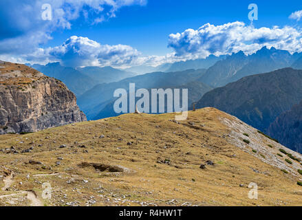 War memorial under Three Peaks, Dolomites, South Tyrol Stock Photo