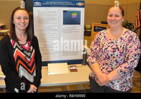 KING GEORGE, Va. (Sept. 25, 2018) – Associate investigators Teeya Roche and Megan Kozub are pictured at the Naval Surface Warfare Center Dahlgren Division (NSWCDD) In-house Laboratory Independent Research (ILIR) and Independent Applied Research (IAR) End of Year Review. They identified challenges, objectives, accomplishments and future benefits related to their IAR project -- “Data Visualization Support for Creation of a Numerical Table: Effects on Training and Performance” -- to Navy technical managers, engineers, and scientists as well as representatives from academia, industry, transition p Stock Photo