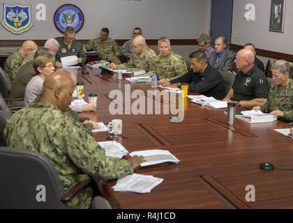 U.S. Air Force General Terrance J. O'Shaughnessy, Commander of the North American Aerospace Defense Command and U.S. Northern Command provides guidance to Department of Defense personnel, in coordination with Customs and Border Protection liaison officers and other supporting interagency partners, during a planning and operational update briefing about mission-enhancing DoD capabilities that will be provided in support of the Department of Homeland Security, Oct. 28, 2018. USNORTHCOM serves as the synchronizer of DoD forces providing mission-enhancing capabilities in support of DHS and CBP alo Stock Photo