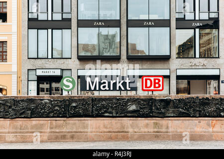 Germany, Leipzig, October 6, 2018: Entrance to the underpass to the metro station. A sign with the name of the station. City underground subway. Stock Photo