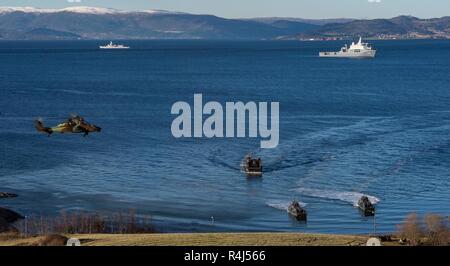 A Joint Capability Demonstration is held during Exercise TRIDENT JUNCTURE 2018  in Trondheim, Norway, on October 30, 2018.    With around 50,000 personnel participating in Trident Juncture 2018, it is one of the largest NATO exercises in recent years. Around 250 aircraft, 65 vessels and more than 10,000 vehicles are involved in the exercise in Norway. Stock Photo