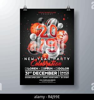 New Year Party Celebration Poster Template illustration with 3d 2019 Number and Christmas Ball on Black Background. Vector Holiday Premium Invitation Stock Vector