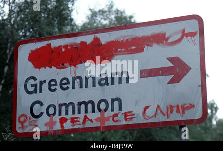 Greenham Common defaced road sign Stock Photo