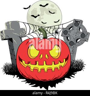 halloween pumpkin in a cemetery with two graves, a spider on the spider web and bats halloween pumpkin in a cemetery with two graves. Stock Vector