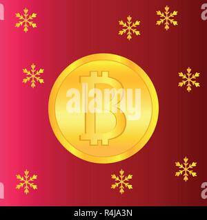 Golden bitcoin banner for Christmas and New Year. Digital Cryptocurrency. Vector. Technology style background and digital money. Stock Vector