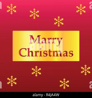 Elegant Merry Christmas lettering design with shining gold glittering snowflakes in gold frame on red background. Vector illustration EPS 10 Stock Vector