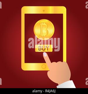 Hand holding gold tablet device isolated on red background. Tablet on human hands with bitcoin icon and index finger pointer touch the screen flat design vector illustration. Symbol logo sign. Stock Vector