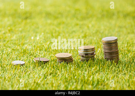 The columns of coins on grass Stock Photo