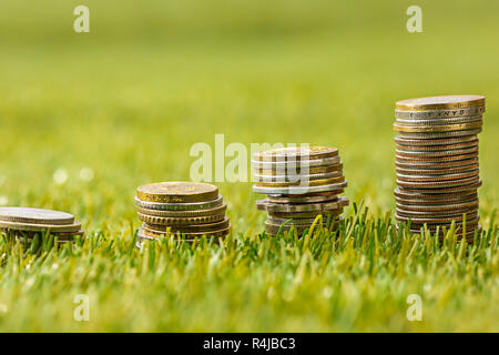 The columns of coins on grass Stock Photo