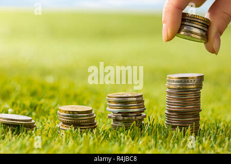 The columns of coins on grass Stock Photo