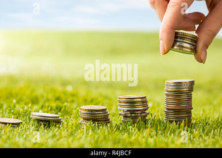 The columns of coins on grass Stock Photo