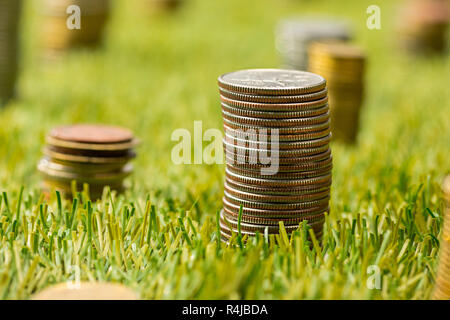 The columns of coins on grass Stock Photo