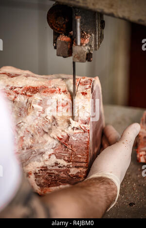 Butcher is cutting meat