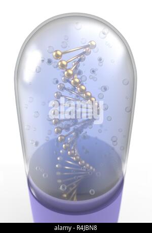 DNA helix inside pill capsules standing 3d illustration Stock Photo