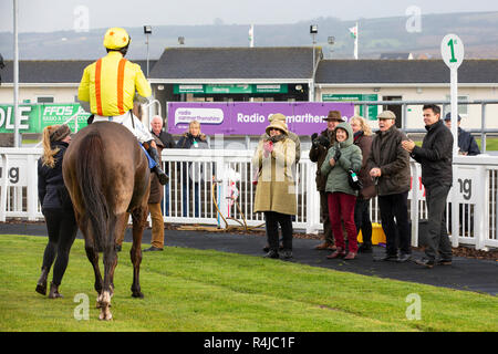 Ffos Las Racecourse, Trimsaran, Wales, UK. Friday 23 November 2018. Colmers Hill (jockey Matt Griffiths) is greeted in the winner's enclosure after wi