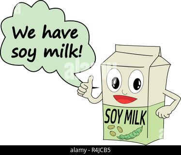 Vector of a soy milk box. Animated cartoon with face, thumb up and speech balloon with the phrase 'We have soy milk!'. Suitable to add dialogue. Stock Vector