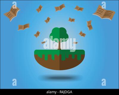 Books flying from large tree. Energy saving concept for earth day Stock Vector