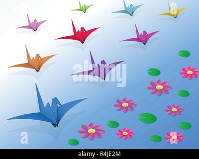 Origami Birds flying over the water and lotus Stock Vector