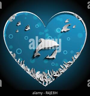 Loving of Dolphins under the sea papercut vector, art work. Nature and Ocean concept. Dolphin and animal theme. Stock Vector