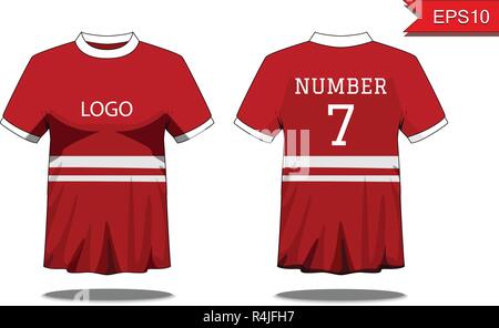 Sport Men's t-shirt with short sleeve in front and back view. Red with white stripe and Editable color design. Mock up of sport wear concept. Sport an Stock Vector