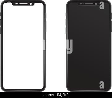 Black gray slim phone with White and black blank screen wallpaper. Realistic vector illustration mock up. New smartphone model. modern futuristic desi Stock Vector