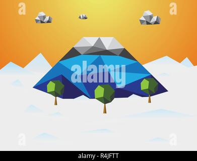 Mountain in winter Low poly background. Mountain and cloud and trees in component. Nature and Landscape concept. Abstract and Background concept. Envi Stock Vector