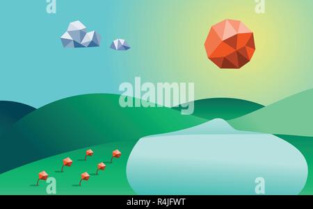 Spring season Low poly background. Mountain river and cloud and flowers in component. Nature and Landscape concept. Abstract and Background concept. E Stock Vector